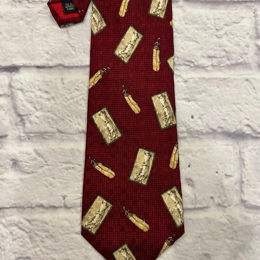 Zianetti Italian Silk Tie Golf Red Vintage Golfer Luxury Designer Tan Golf Clubs